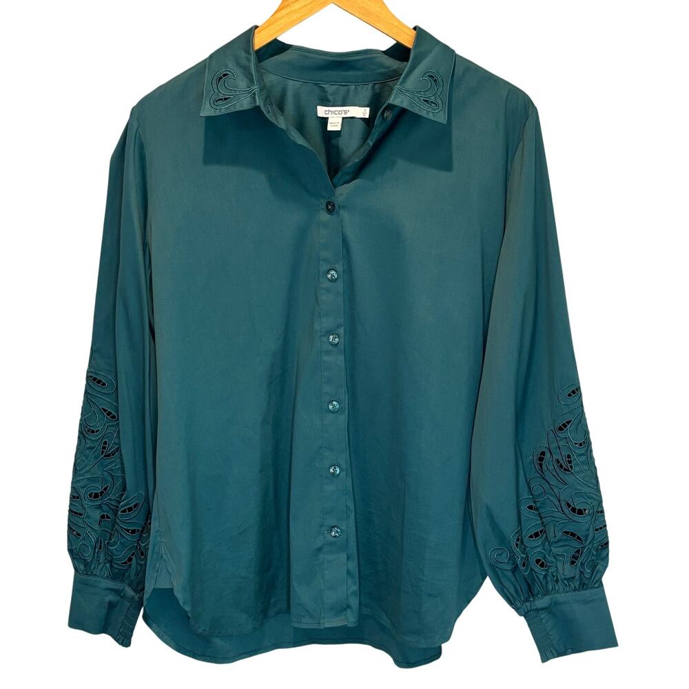 Chico's Blue Green Embroidered Button Down Shirt - size 2 (US 12)